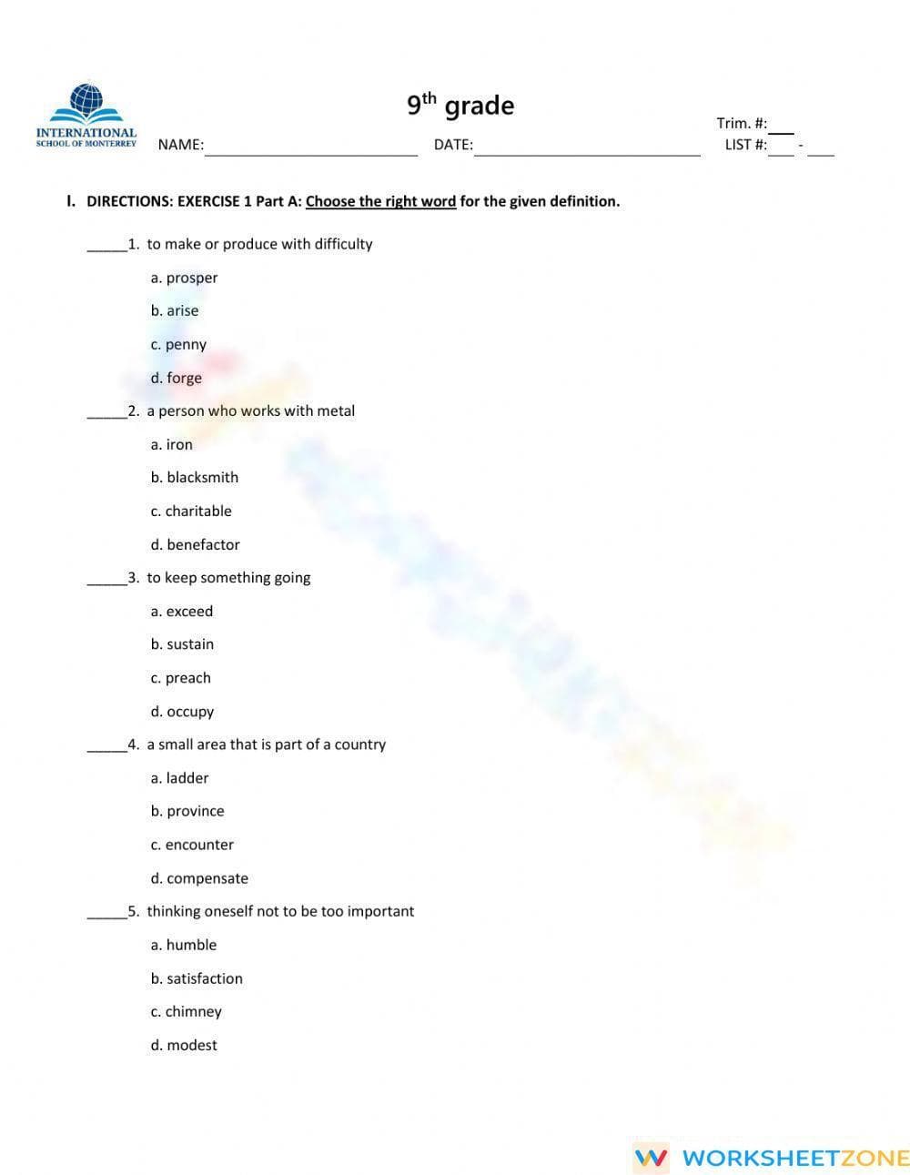 Printable Academic Vocabulary Worksheet | Grade 9-10 ELA - Page 1
