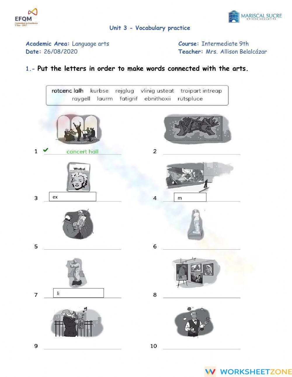 Essential Arts Vocabulary Worksheet | Grade 9 ELA - Page 1