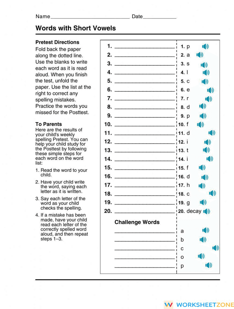Essential Short Vowel Spelling Pretest | Grade 5-6 Aligned - Page 1