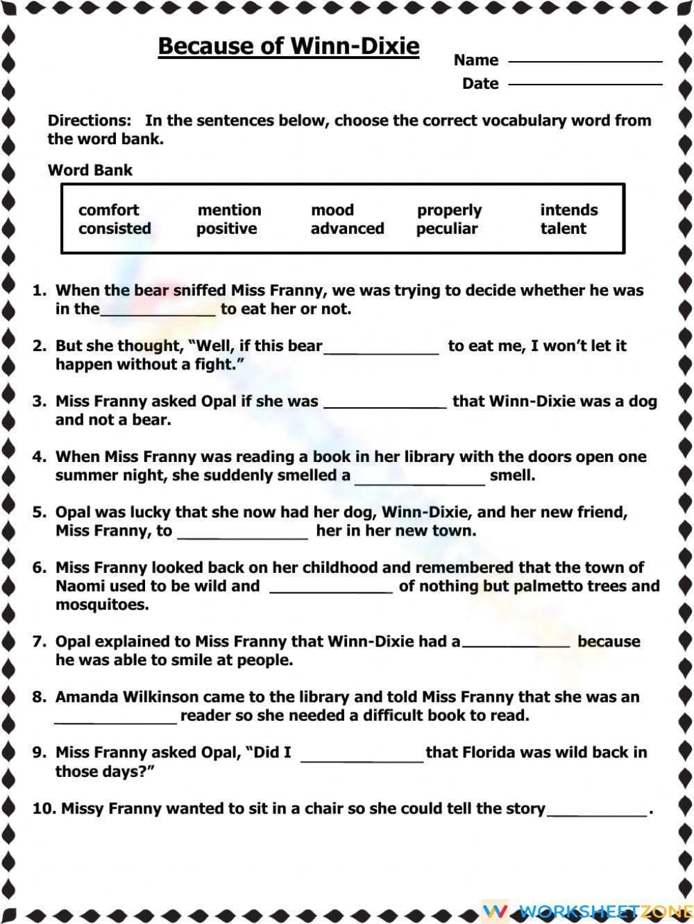 Printable Because of Winn-Dixie Vocabulary | Grade 4 ELA - Page 1