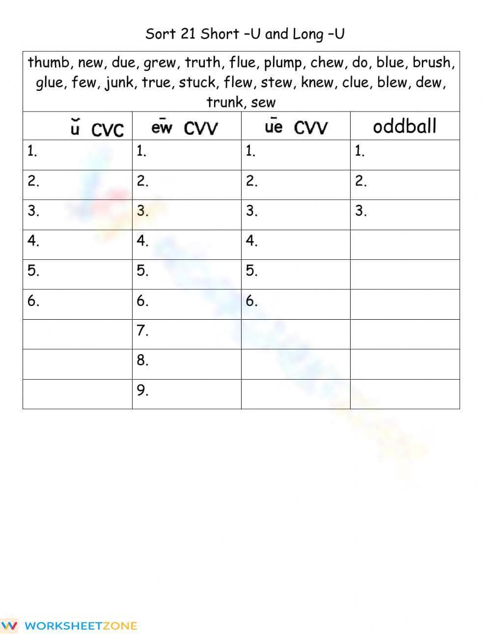 Printable Word Sort 21: Short & Long U Vowel Patterns - Page 1