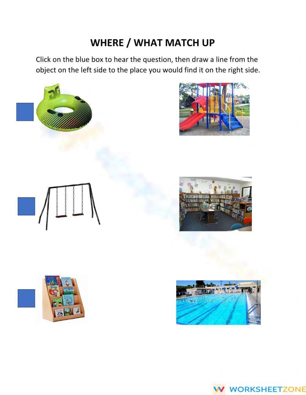 Essential Where and What Match Up Worksheet | Grades 1-5 - Page 1