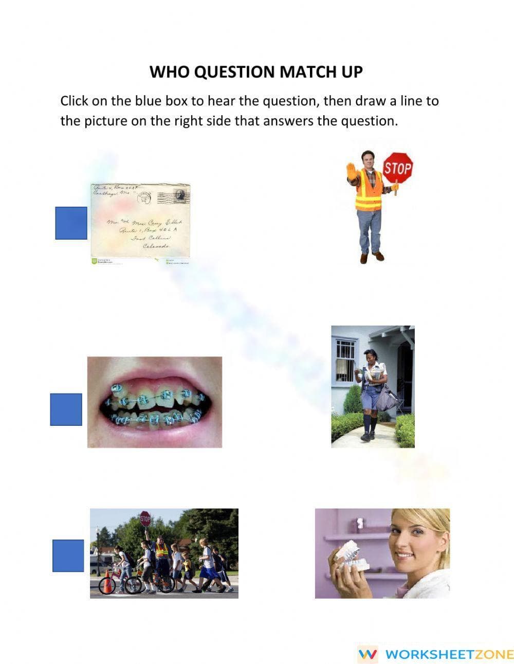 Essential Who Question Match Up | Grade 1 ELA Worksheet - Page 1