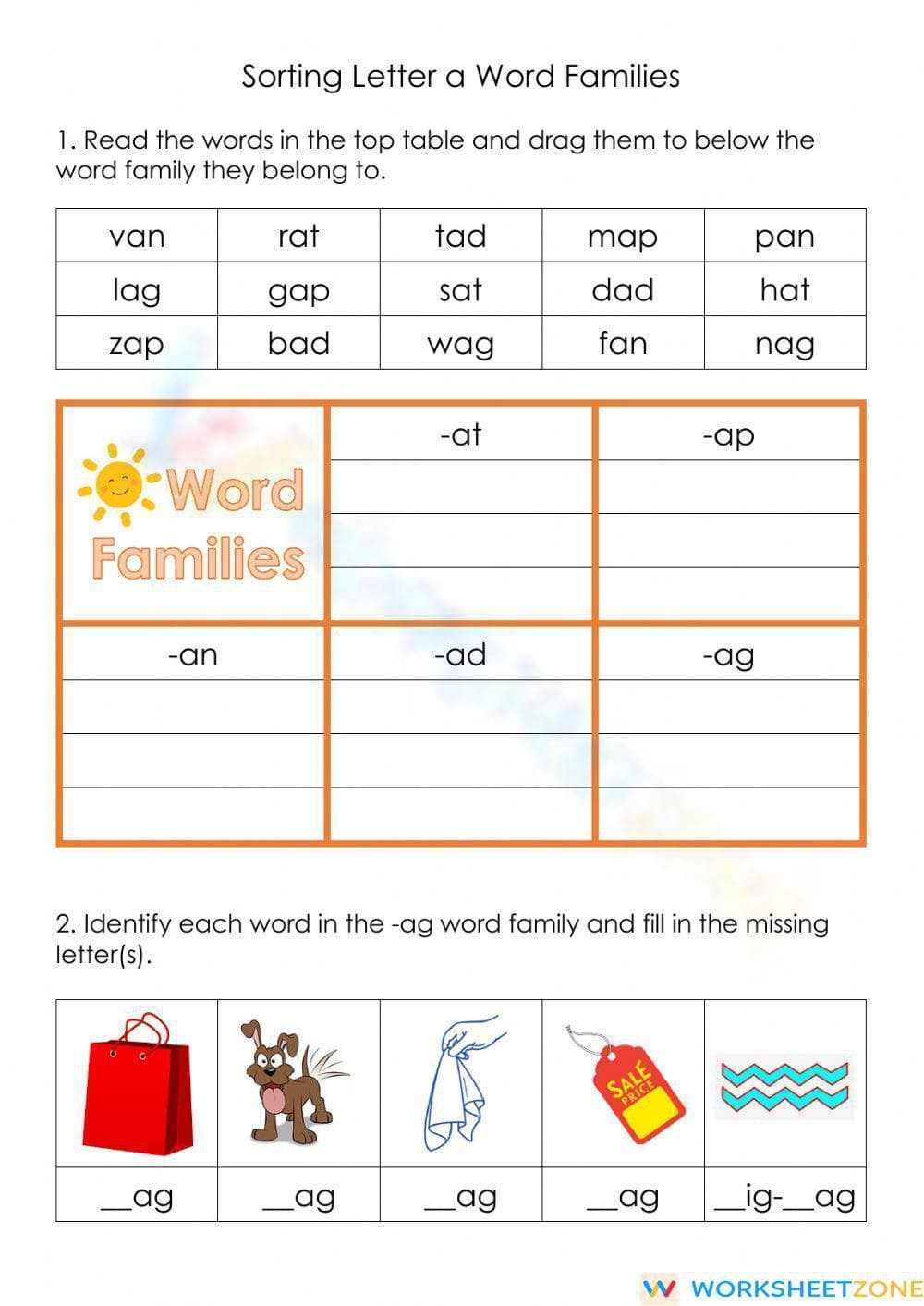 Essential Letter a Word Families Sorting Worksheet | Grade K - Page 1