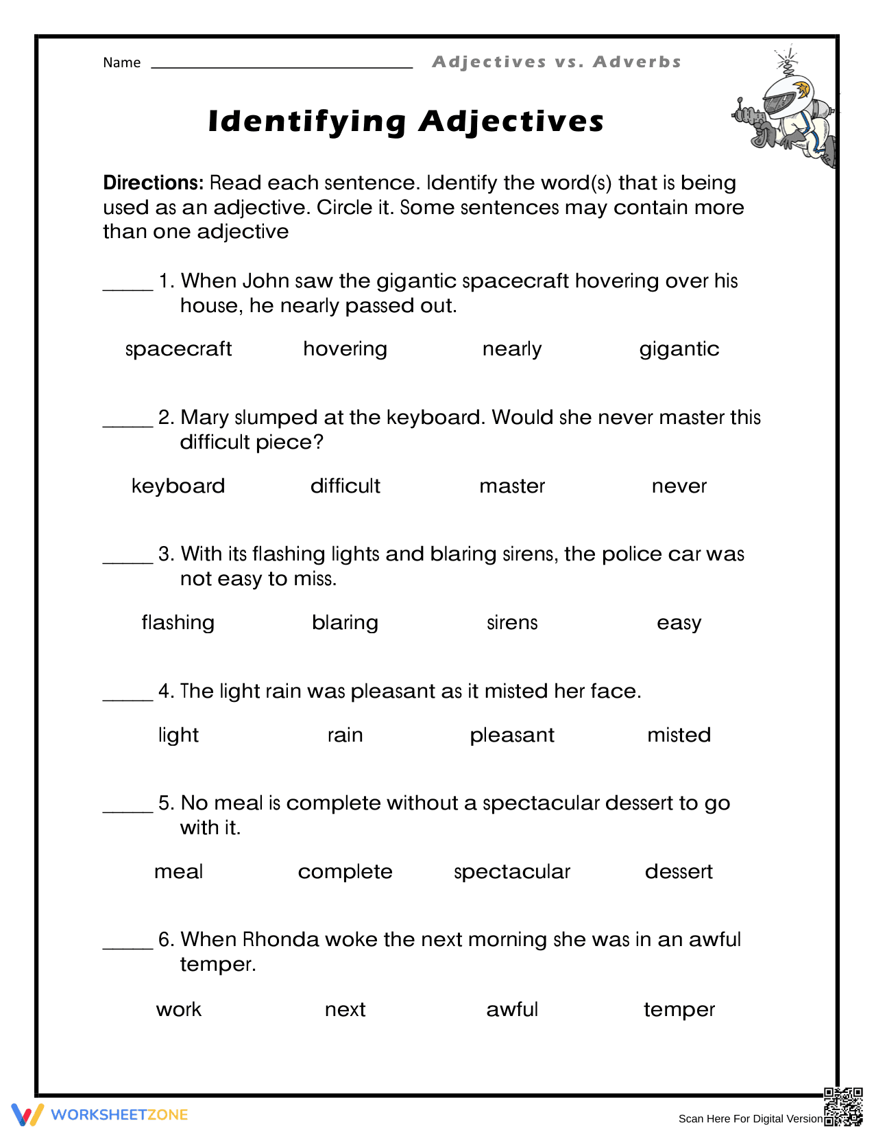 Grade 3 Identifying Adjectives — Essential No-Prep Worksheet - Page 1