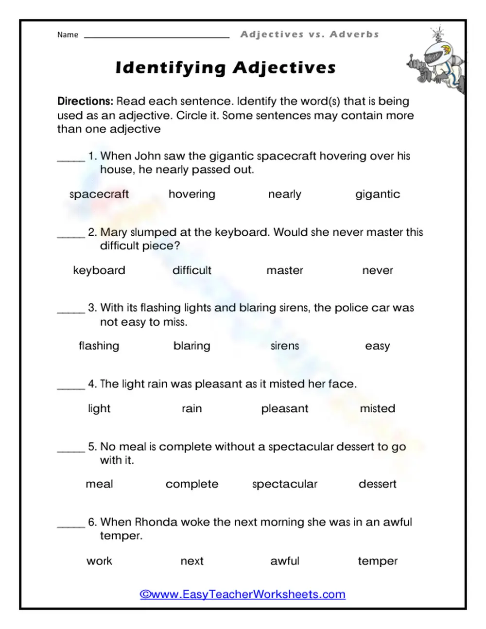 Grade 3 Identifying Adjectives — Essential No-Prep Worksheet - Page 1
