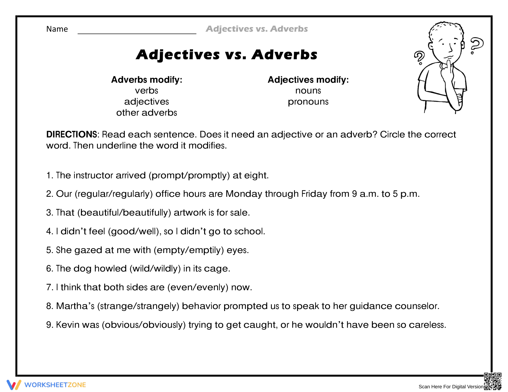 Printable Grade 3 Adjectives vs. Adverbs Grammar Worksheet - Page 1