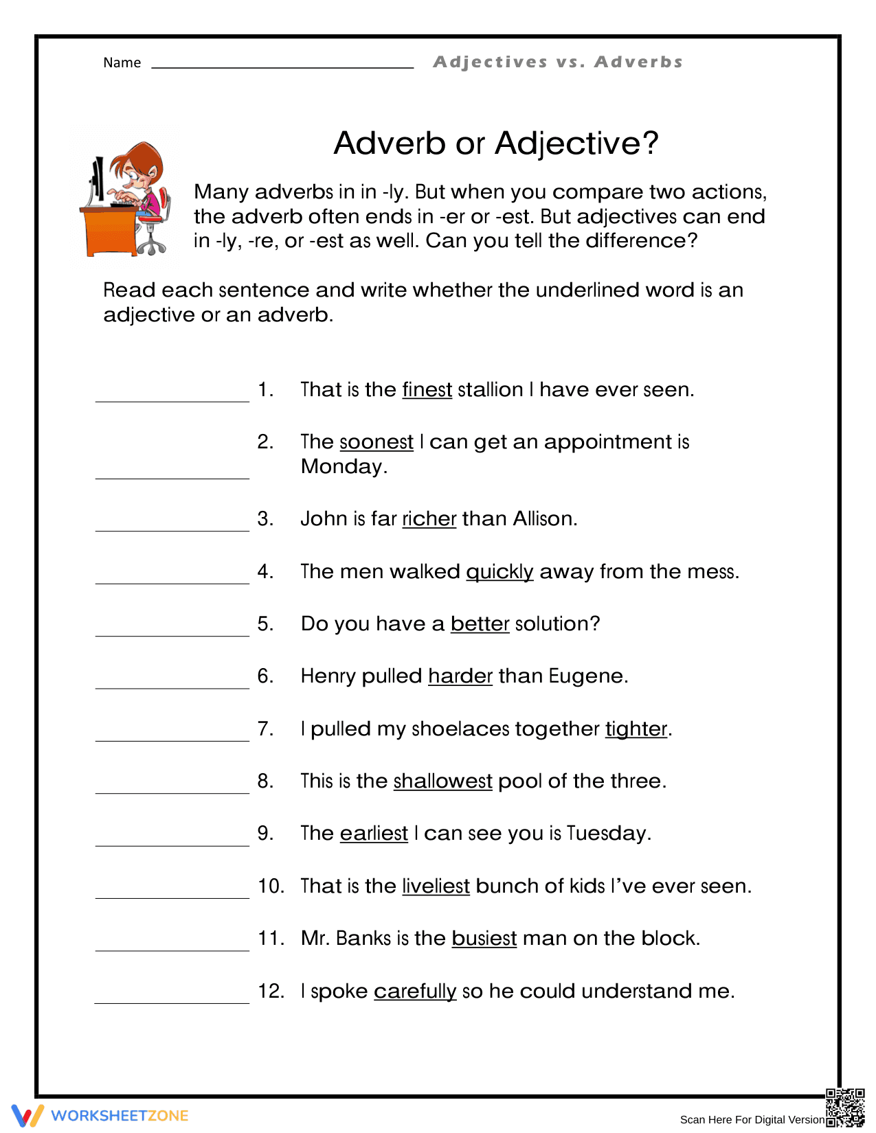 Essential -ly, -re, or -est? Adverb vs Adjective Worksheet - Page 1