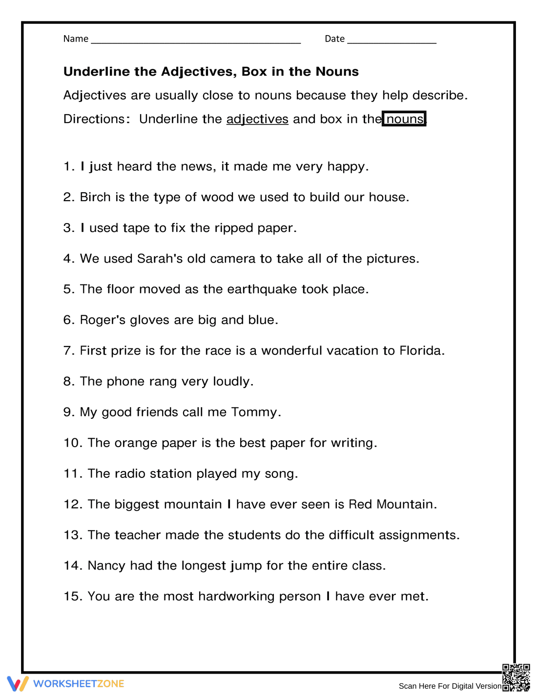 Grade 3-5 Adjectives & Nouns — Printable No-Prep Worksheet - Page 1