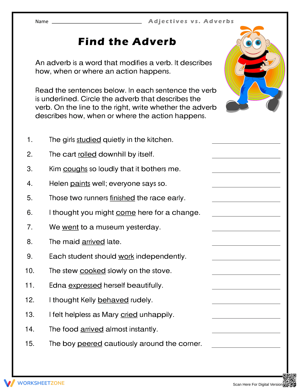 Find the Adverbs: Practice Sheet - Page 1