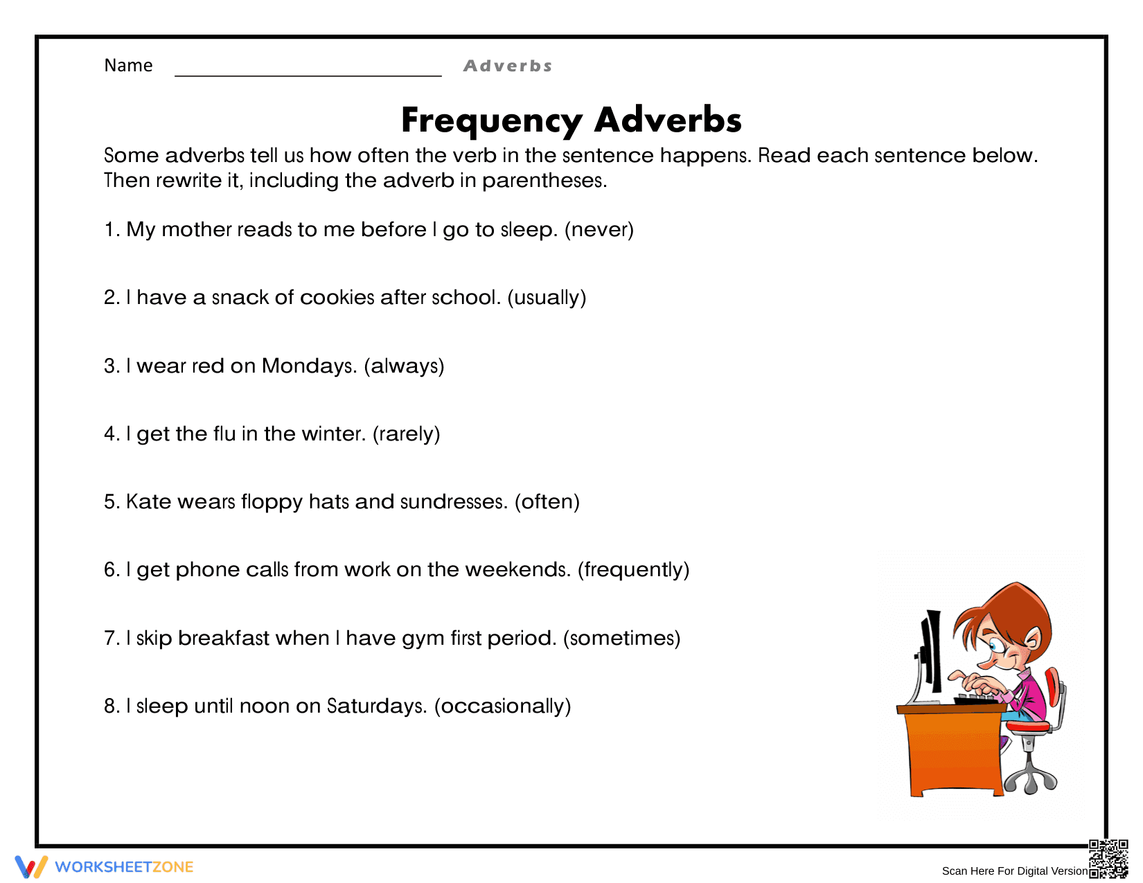 Essential Frequency Adverbs Worksheet | Grades 3-5 - Page 1