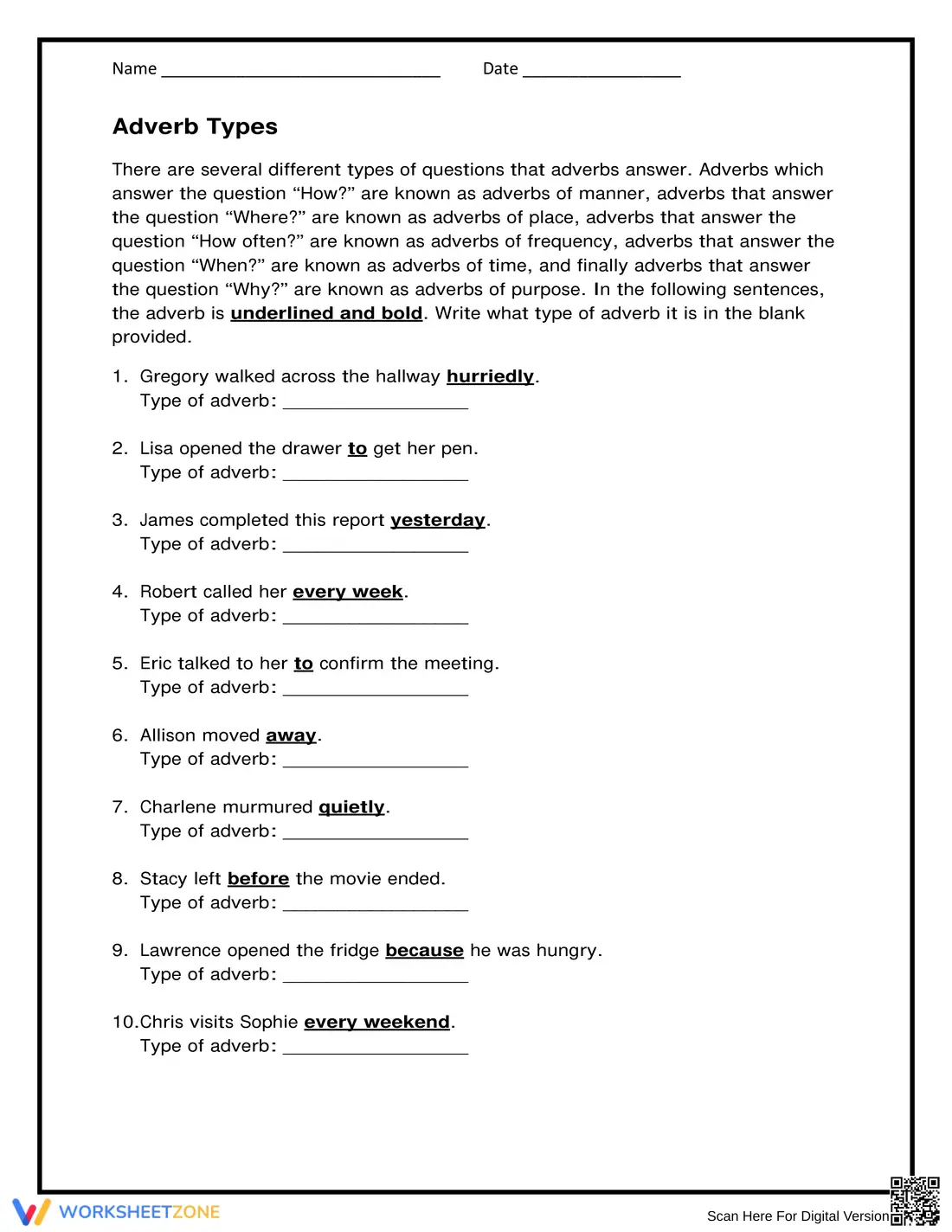Essential Adverb Types Worksheet | Grade 4 Grammar - Page 1