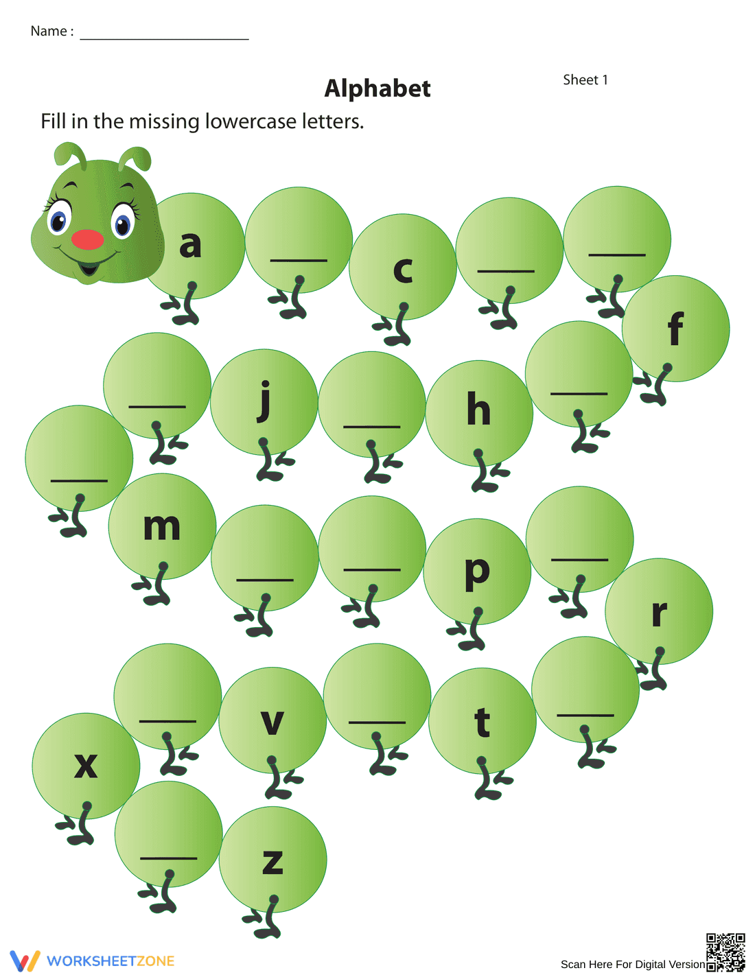 Fill in Missing Lowercase Letters Worksheet - Page 1