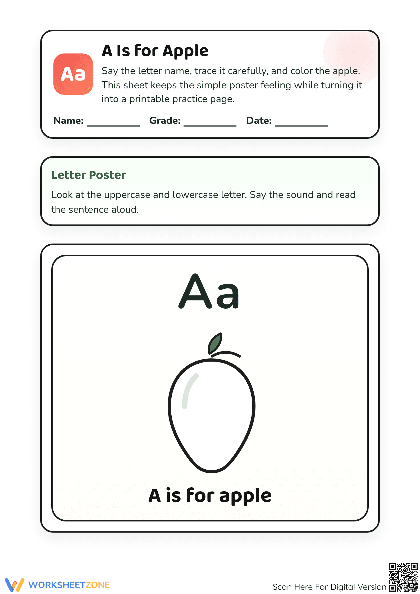 Essential Letter A Sound Poster — Grade K No-Prep - Page 1
