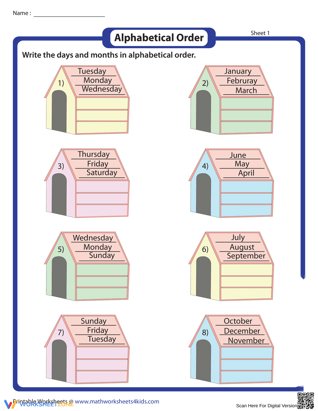 ABC Order: Days and Months Worksheet - Page 1