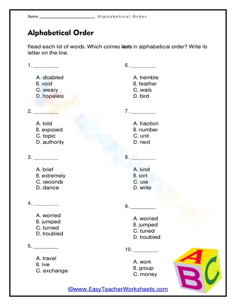 Essential Alphabetical Order Worksheet | Grade 2 ELA - Page 1