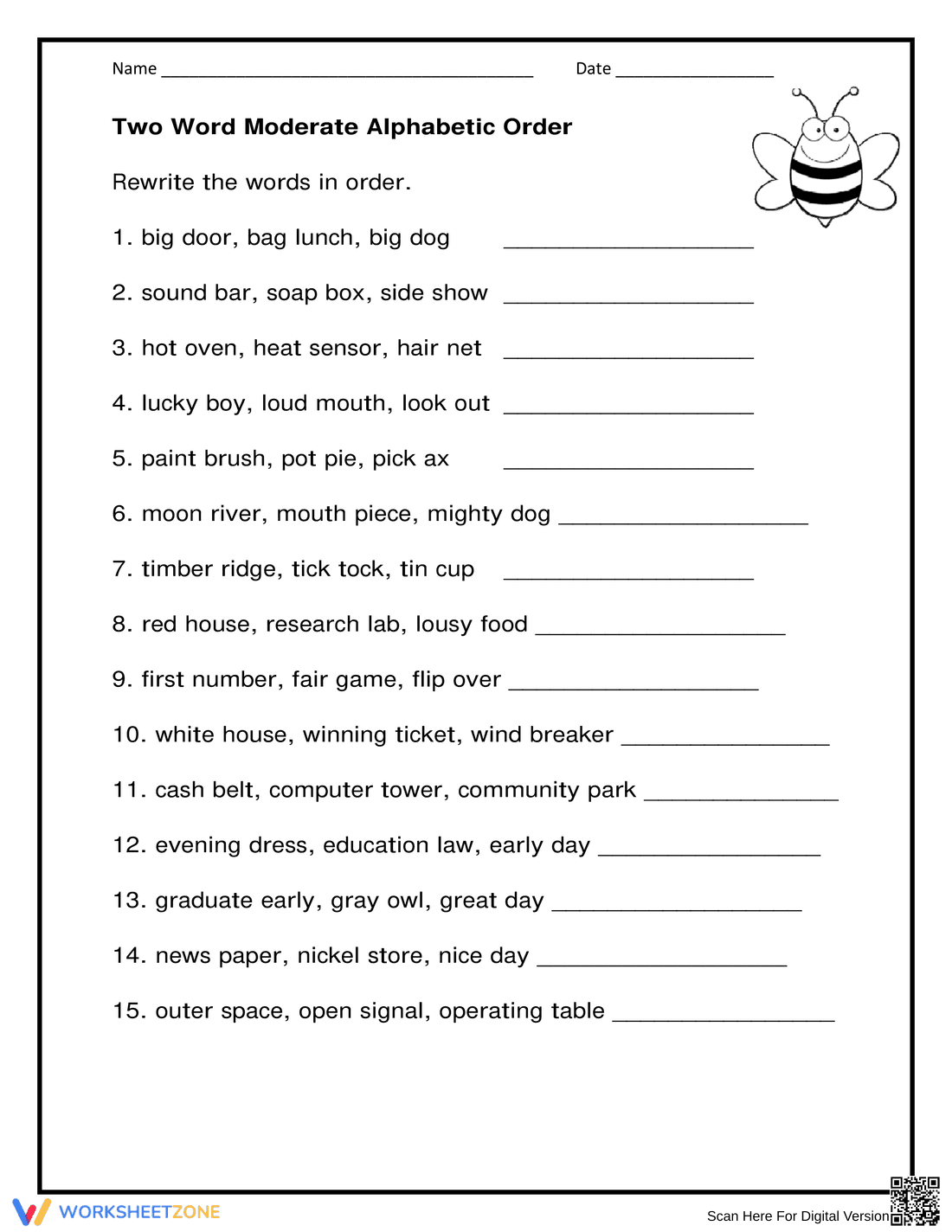 Two-Word Alphabetic Order Worksheet - Page 1