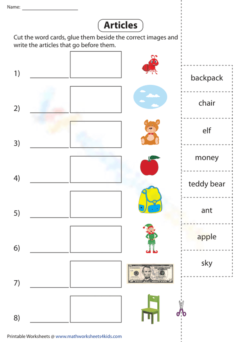 Articles: Cut and Glue Activity Worksheet - Page 1