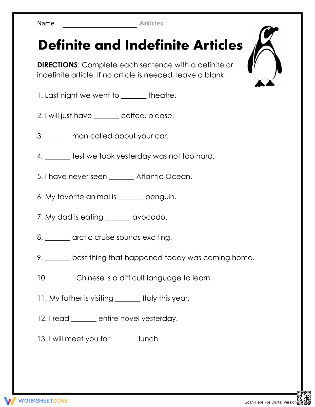 Grade 3 Articles — Printable No-Prep Worksheet - Page 1