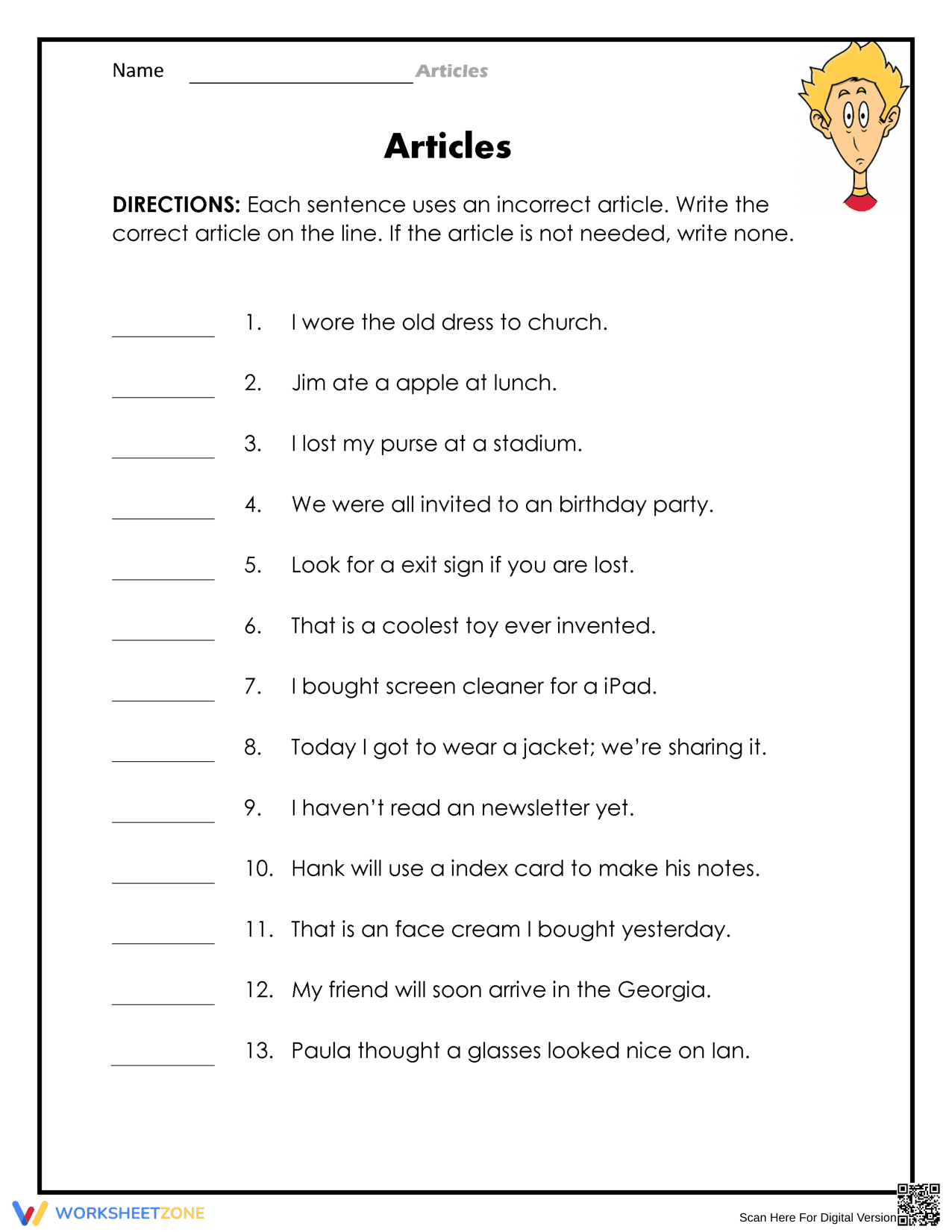 Essential Articles Grammar Worksheet | Grades 1-4 - Page 1