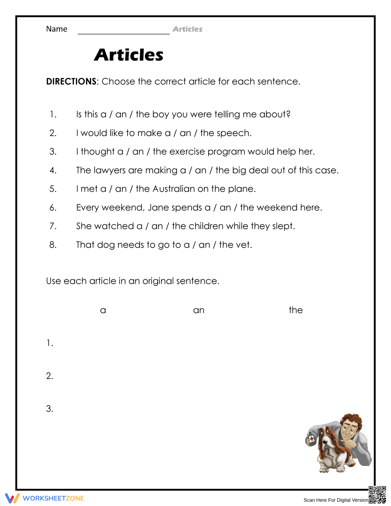 Essential Articles Worksheet | Grade 3 Printable - Page 1
