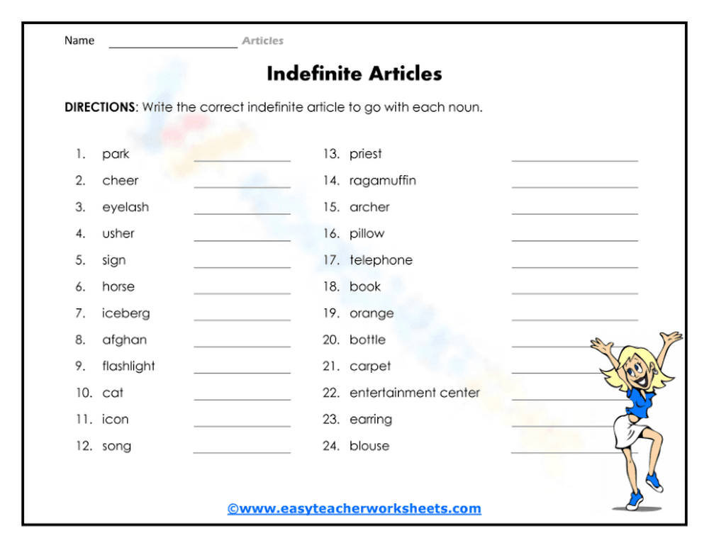 Essential Indefinite Articles Worksheet | Grade 1-4 ELA - Page 1