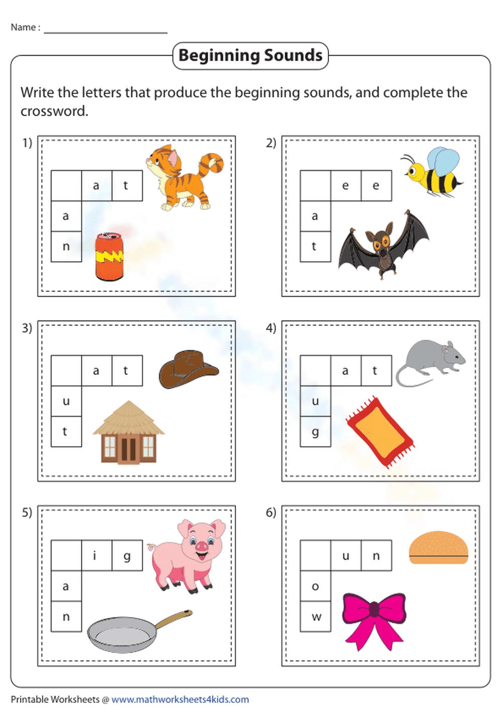 Essential Beginning Sounds Crosswords | Grade 1 Phonics - Page 1
