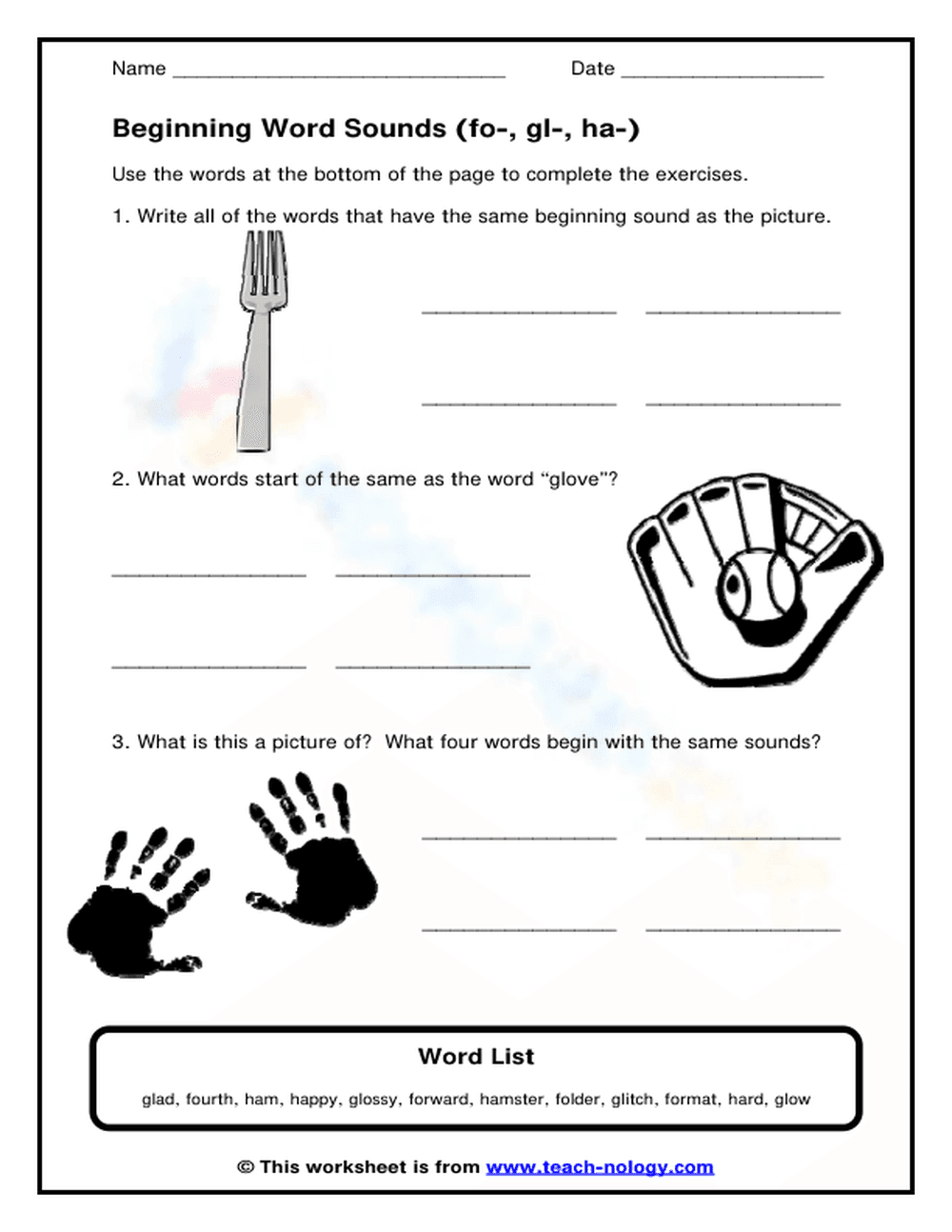 Essential Beginning Word Sounds (fo-, gl-, ha-) Worksheet - Page 1