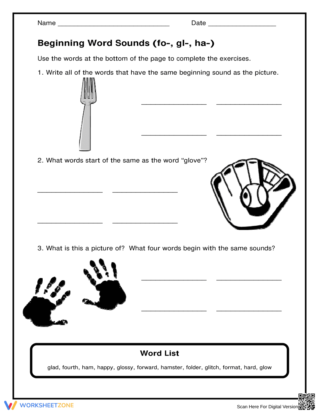 Essential Beginning Word Sounds (fo-, gl-, ha-) Worksheet - Page 1