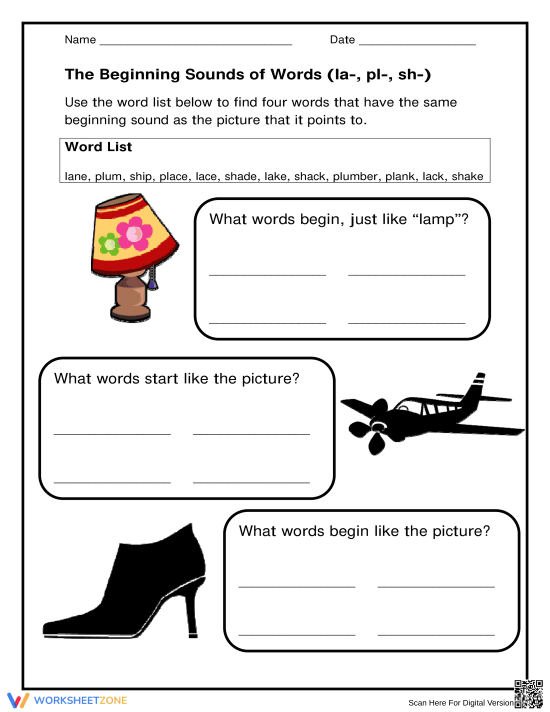 Printable Beginning Sounds (la-, pl-, sh-) Worksheet - Page 1