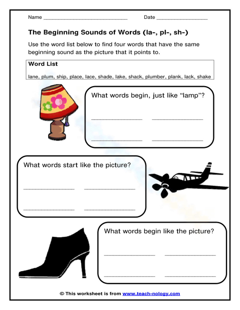 Printable Beginning Sounds (la-, pl-, sh-) Worksheet - Page 1