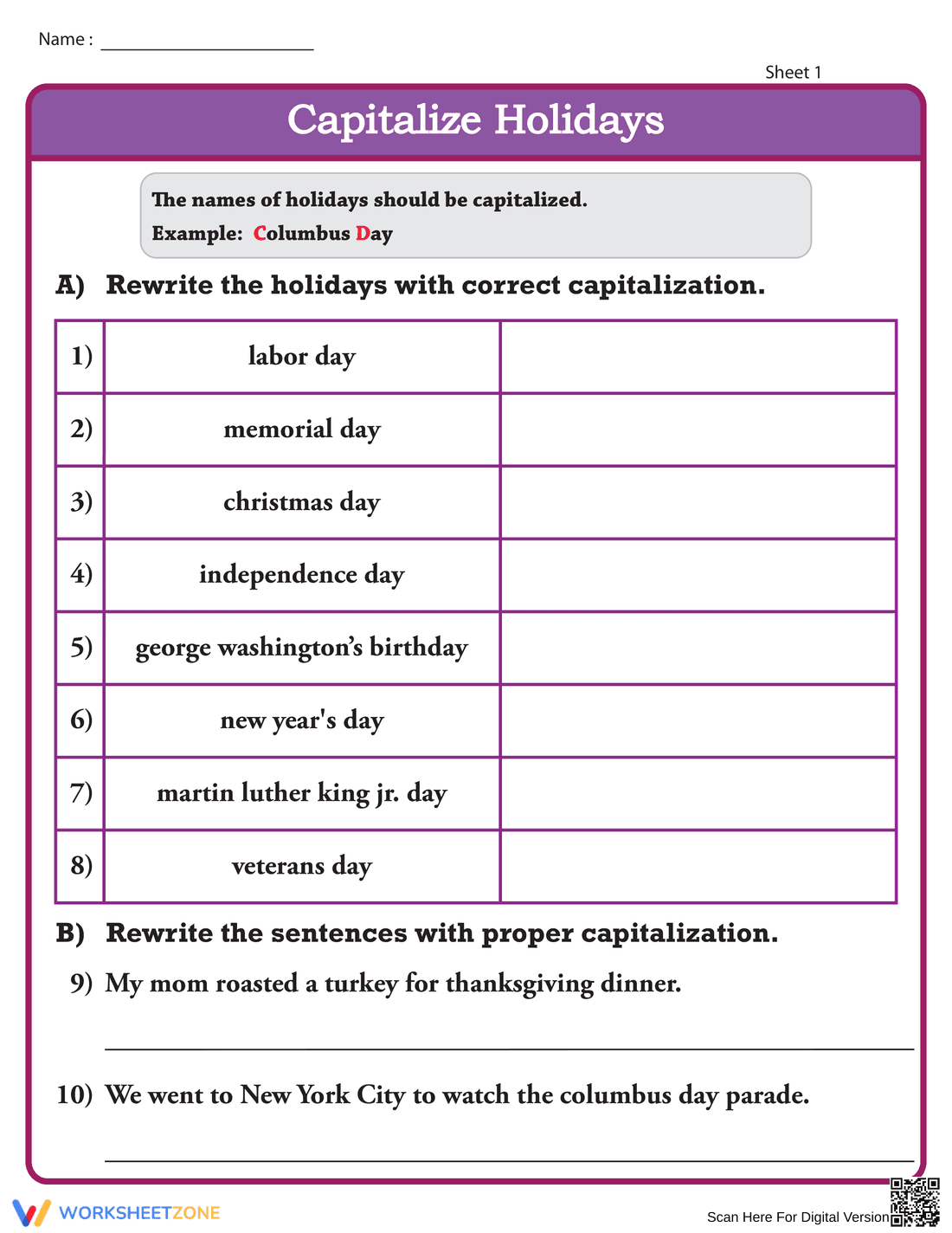 Capitalizing Holidays Worksheet - Page 1