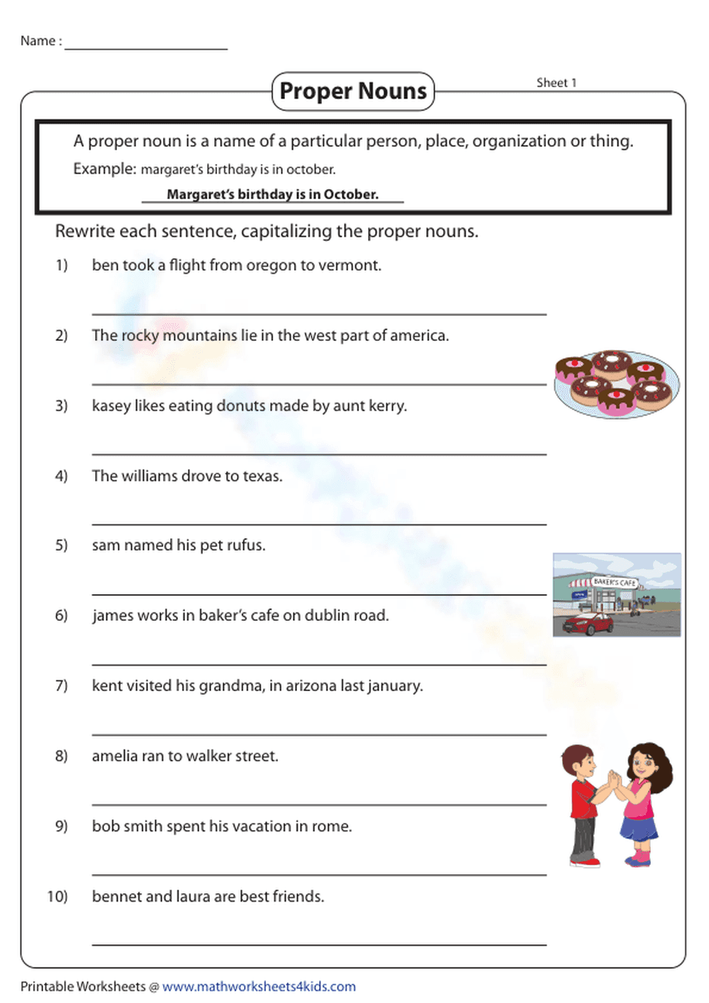 Capitalize and Rewrite Proper Nouns Worksheet - Page 1