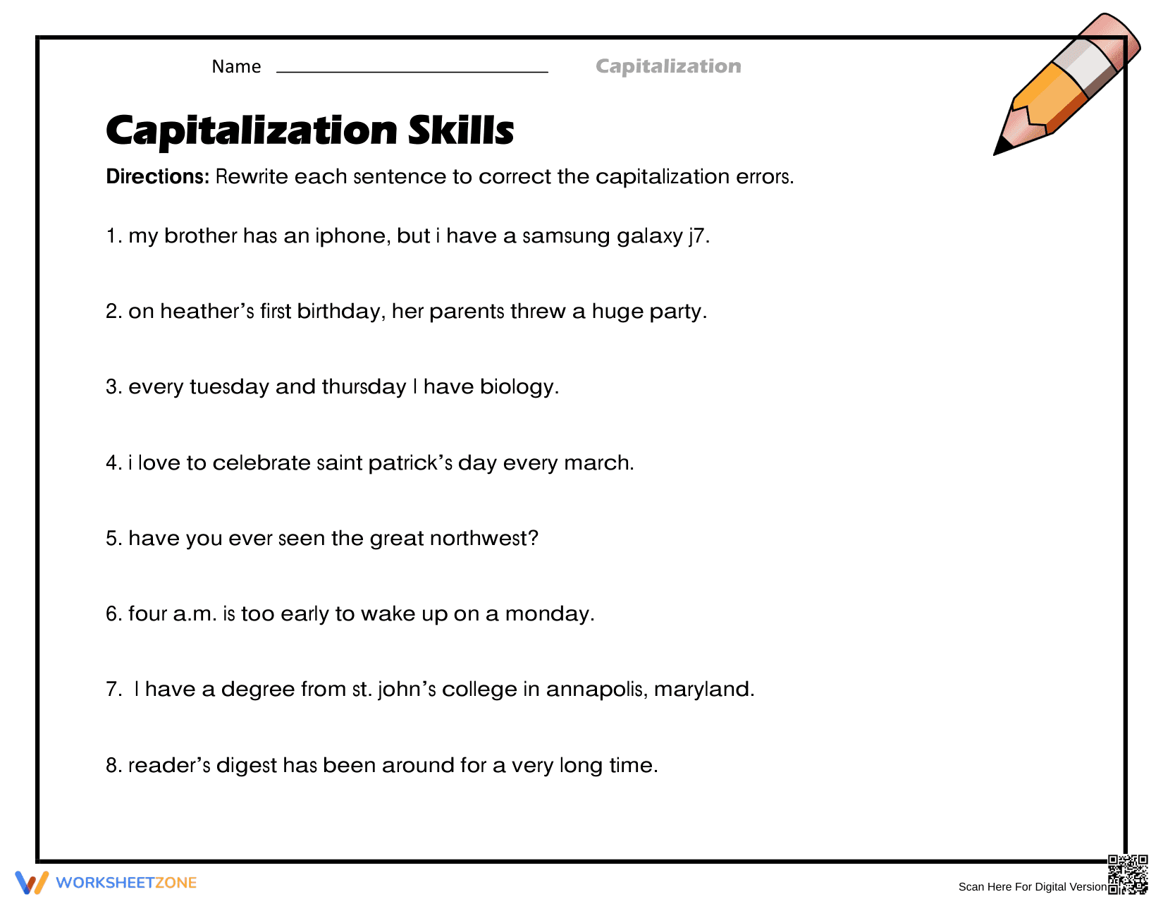 Capitalization Skills Worksheet | Essential Grade 2 ELA - Page 1