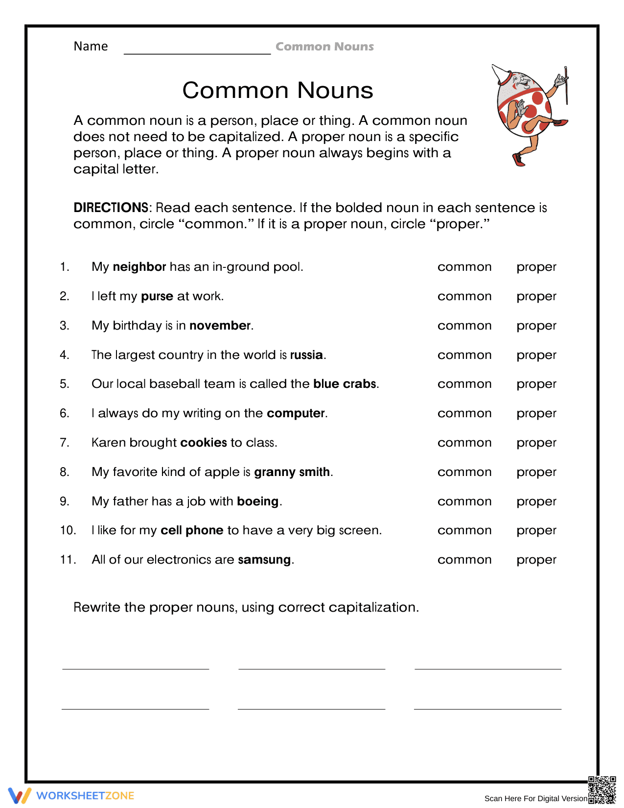 Printable Common and Proper Nouns Worksheet for Grade 2 - Page 1