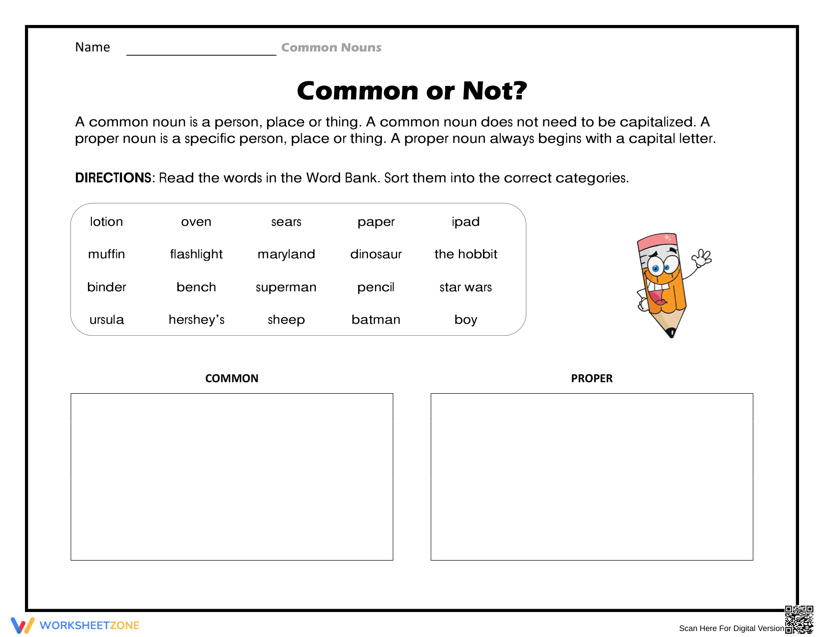 Essential Common and Proper Nouns Sorting Worksheet | Gr. 2 - Page 1