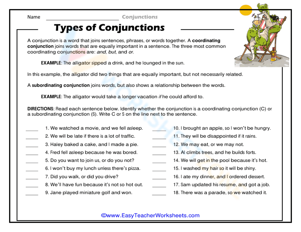 Identifying Types of Conjunctions Worksheet - Page 1