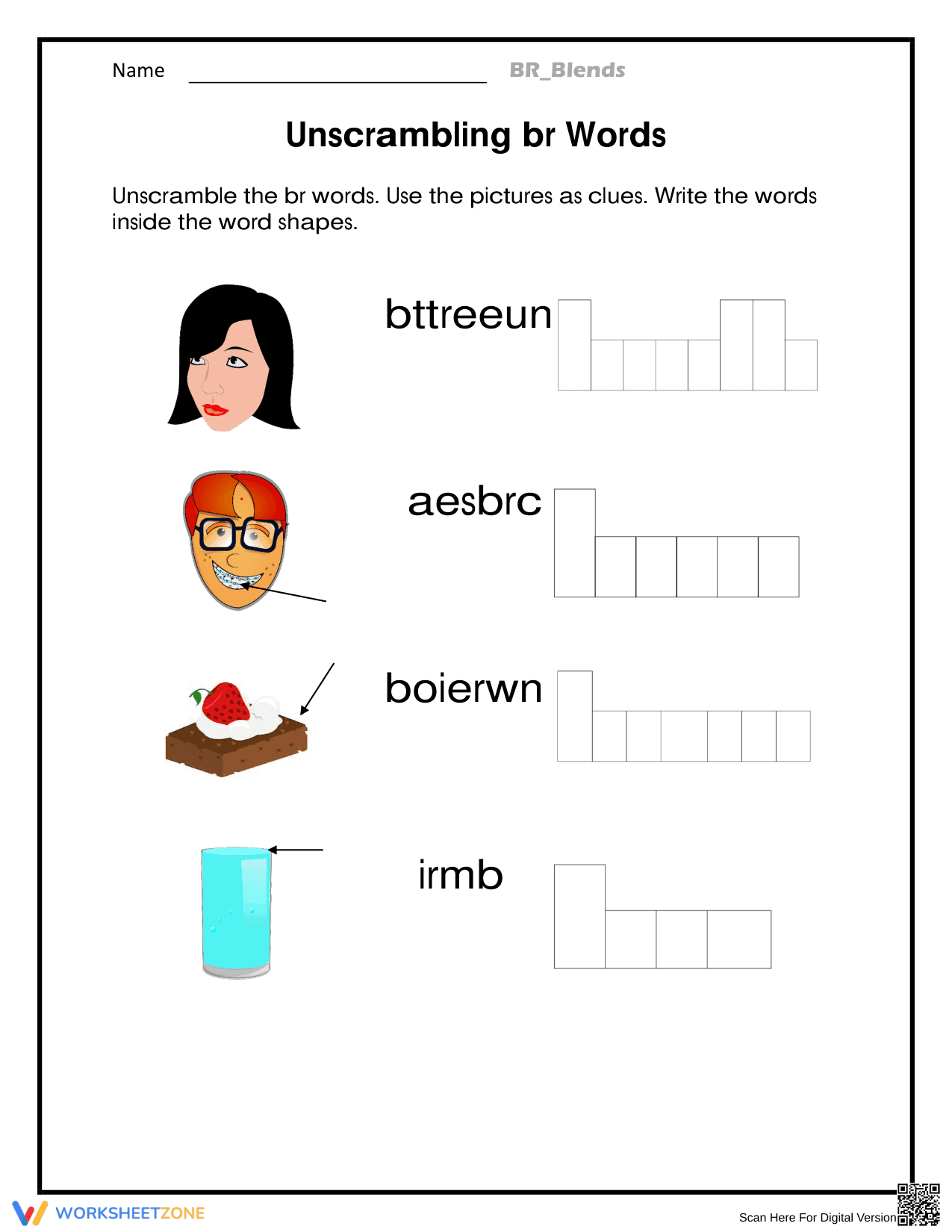 Essential Unscrambling br Words Worksheet | Grade 1 - Page 1