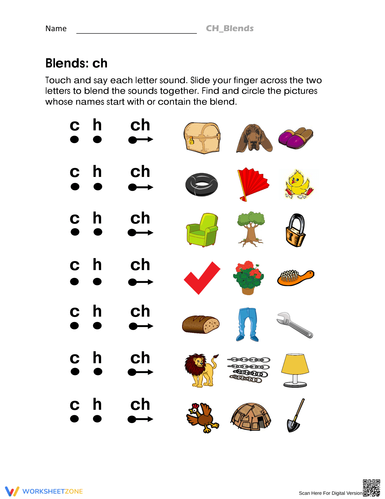 Essential Digraphs: Blending ch Worksheet | Grade 1 Phonics - Page 1