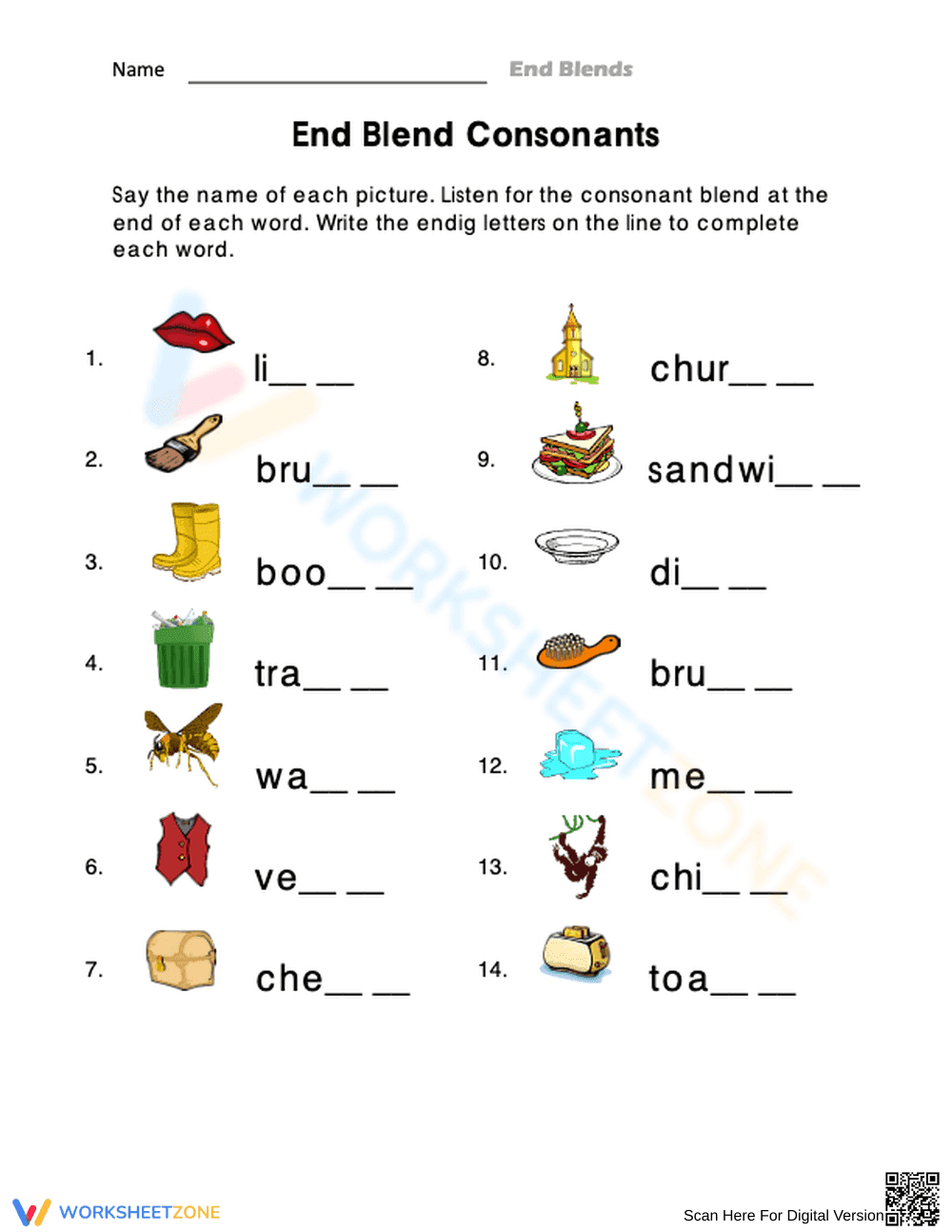 Essential End Blend Consonants Worksheet | Grade 1 Phonics - Page 1