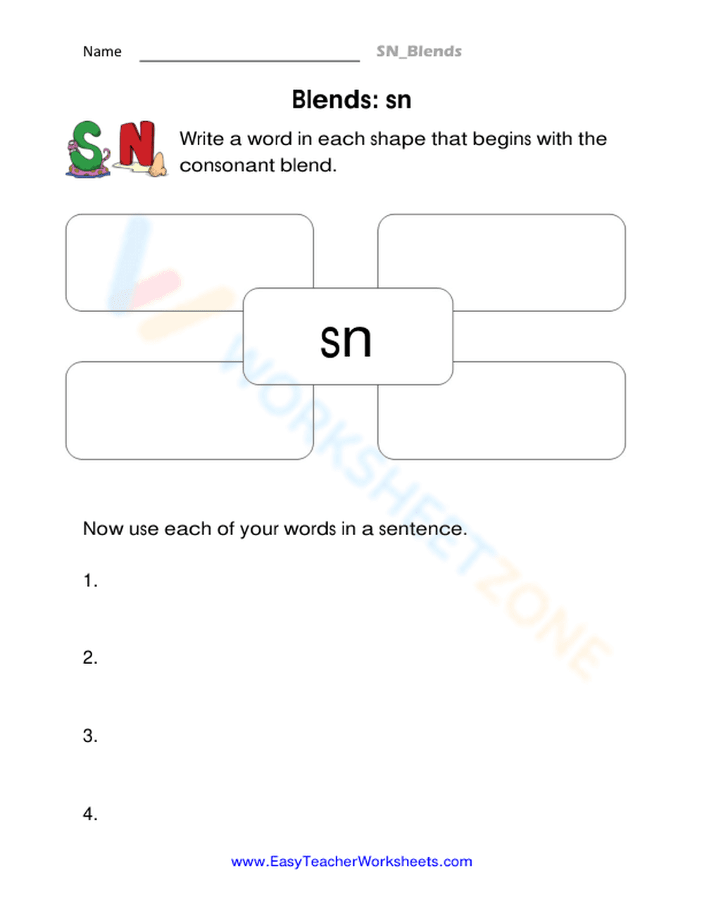 Printable SN Consonant Blends Worksheet | Grade 1 Phonics - Page 1