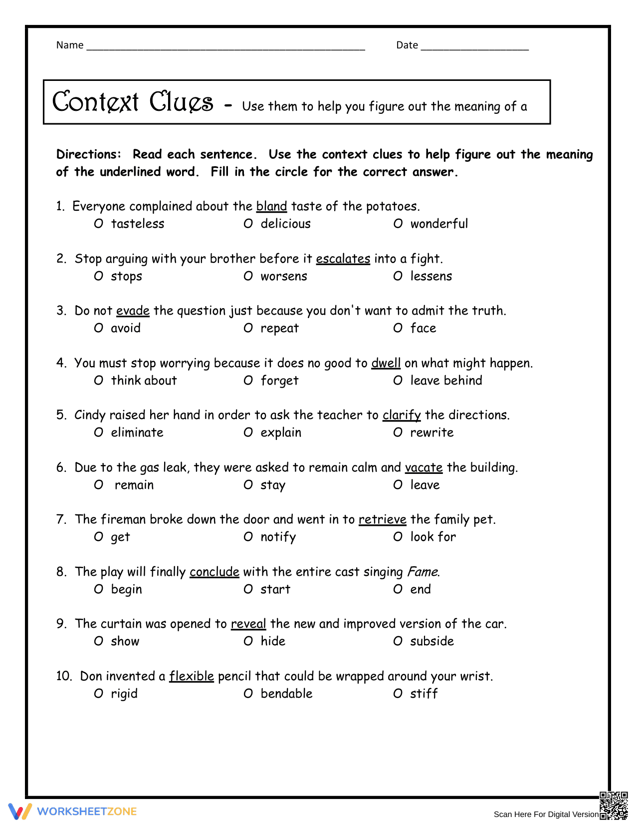 Grade 5 Context Clues — Printable No-Prep Worksheet - Page 1