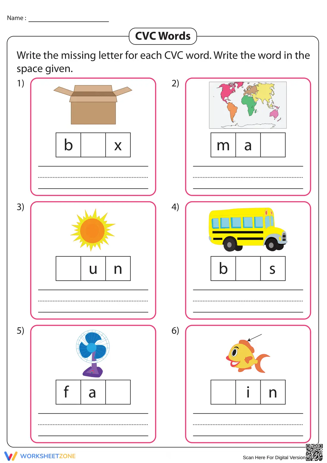 Missing Letters in CVC Words Worksheet - Page 1