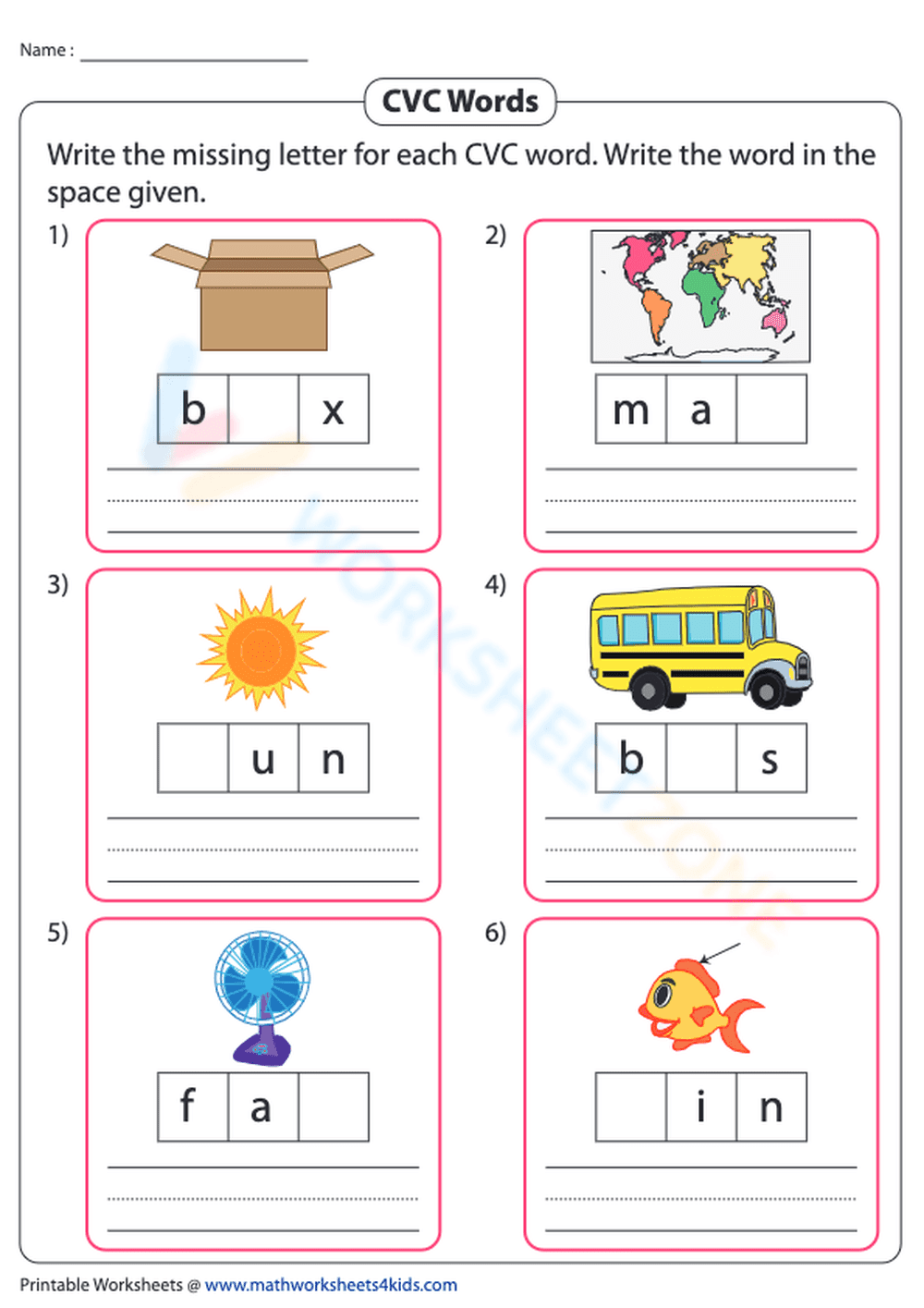 Missing Letters in CVC Words Worksheet - Page 1