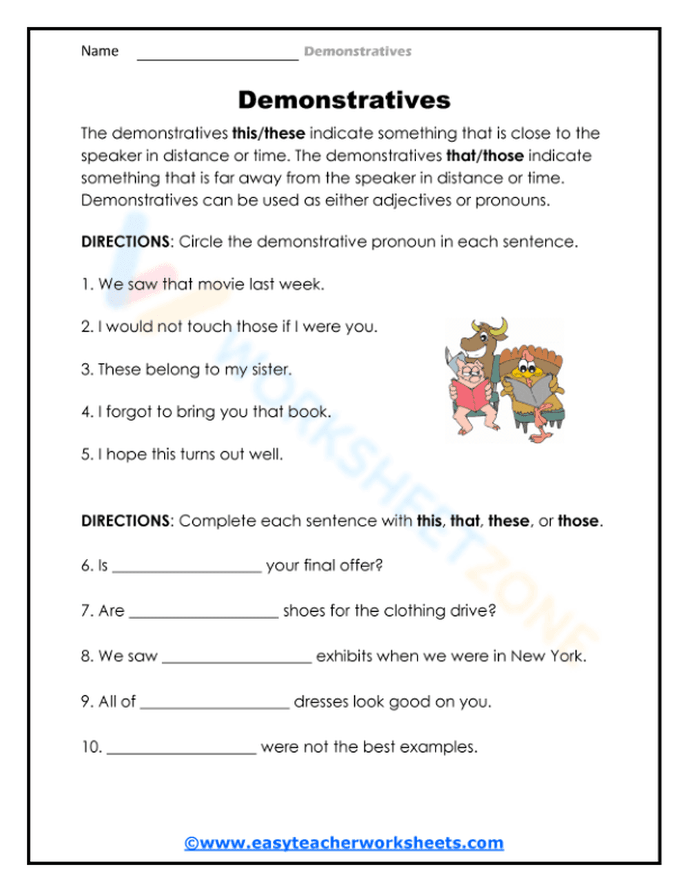 Essential Demonstratives Worksheet | Grades 1-4 ELA - Page 1