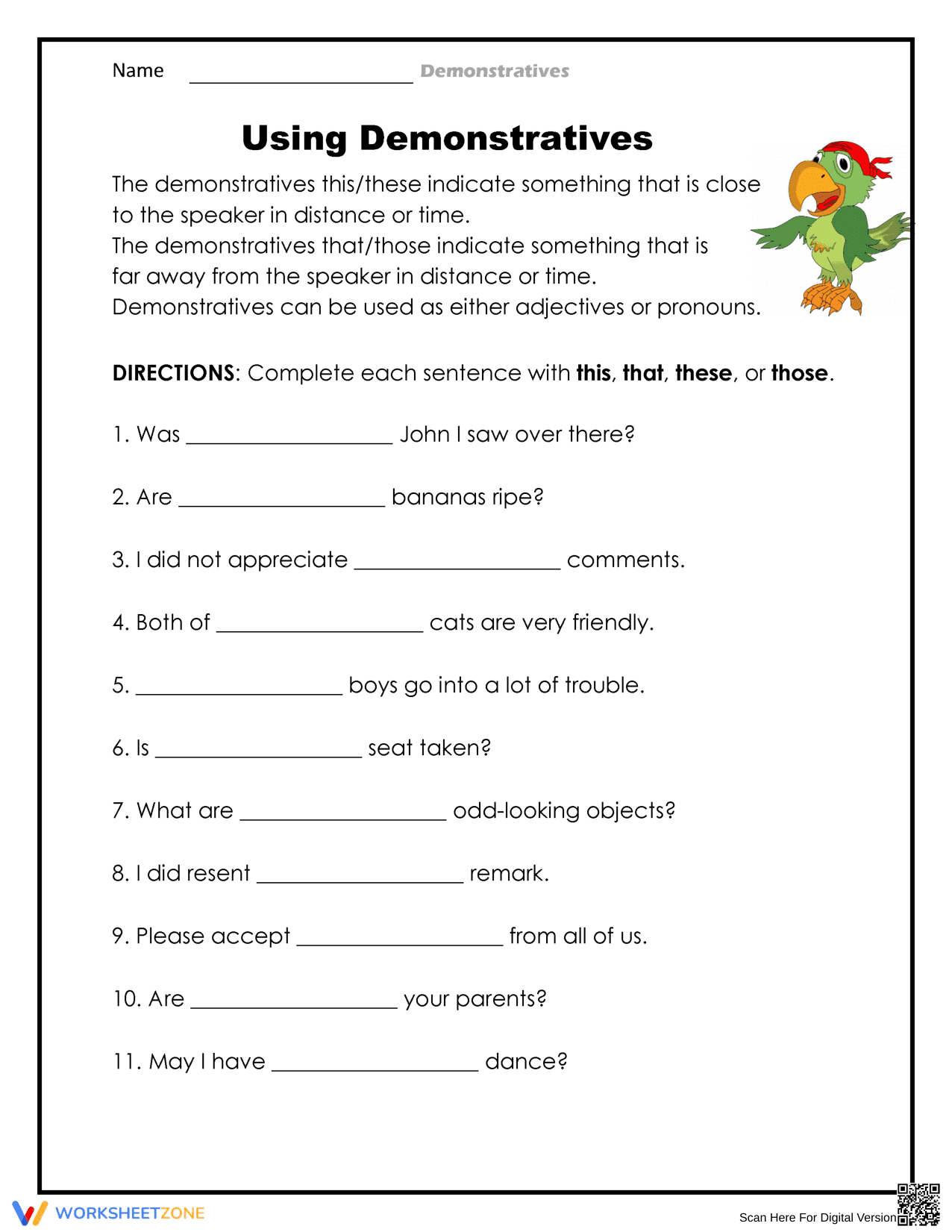 Using Demonstratives Worksheet - Page 1