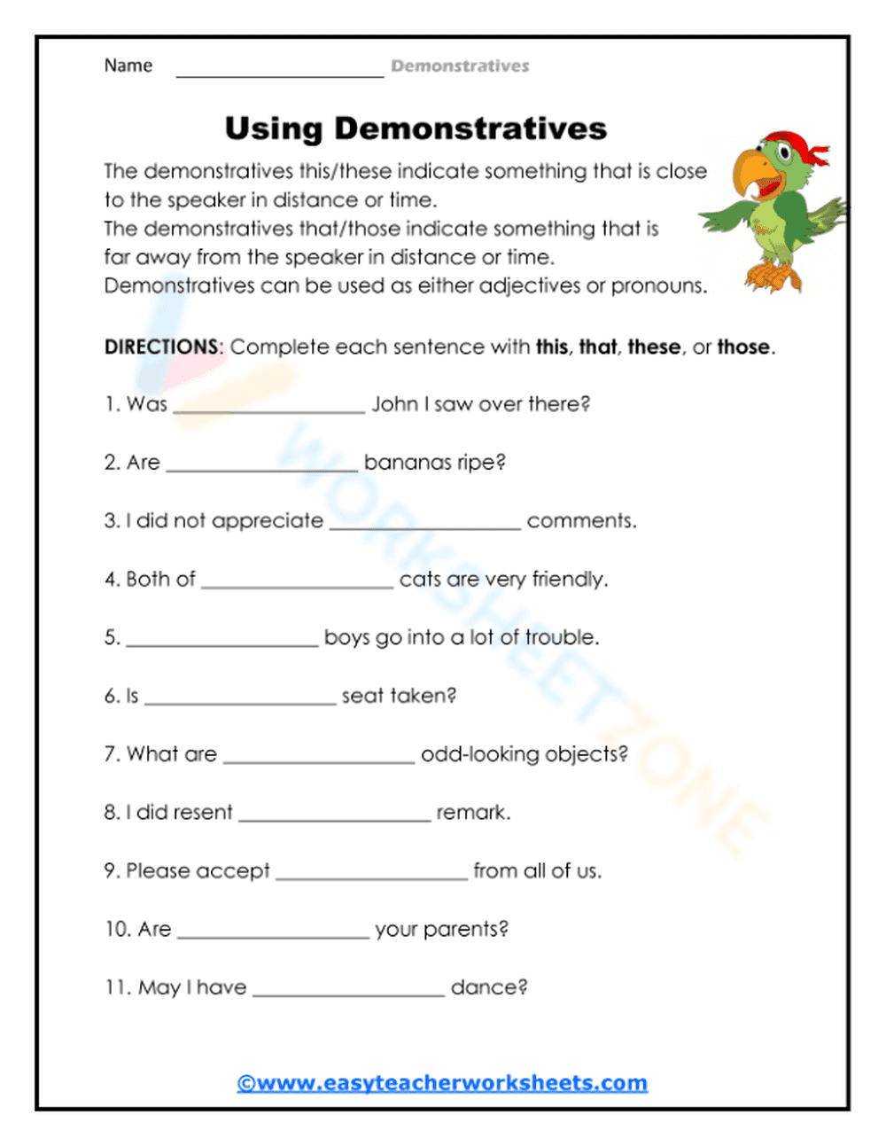 Using Demonstratives Worksheet - Page 1