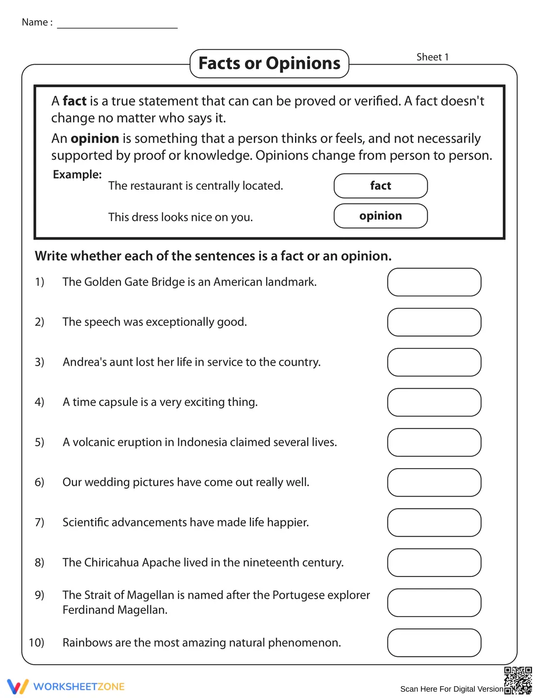 Identify Facts and Opinions Worksheet - Page 1