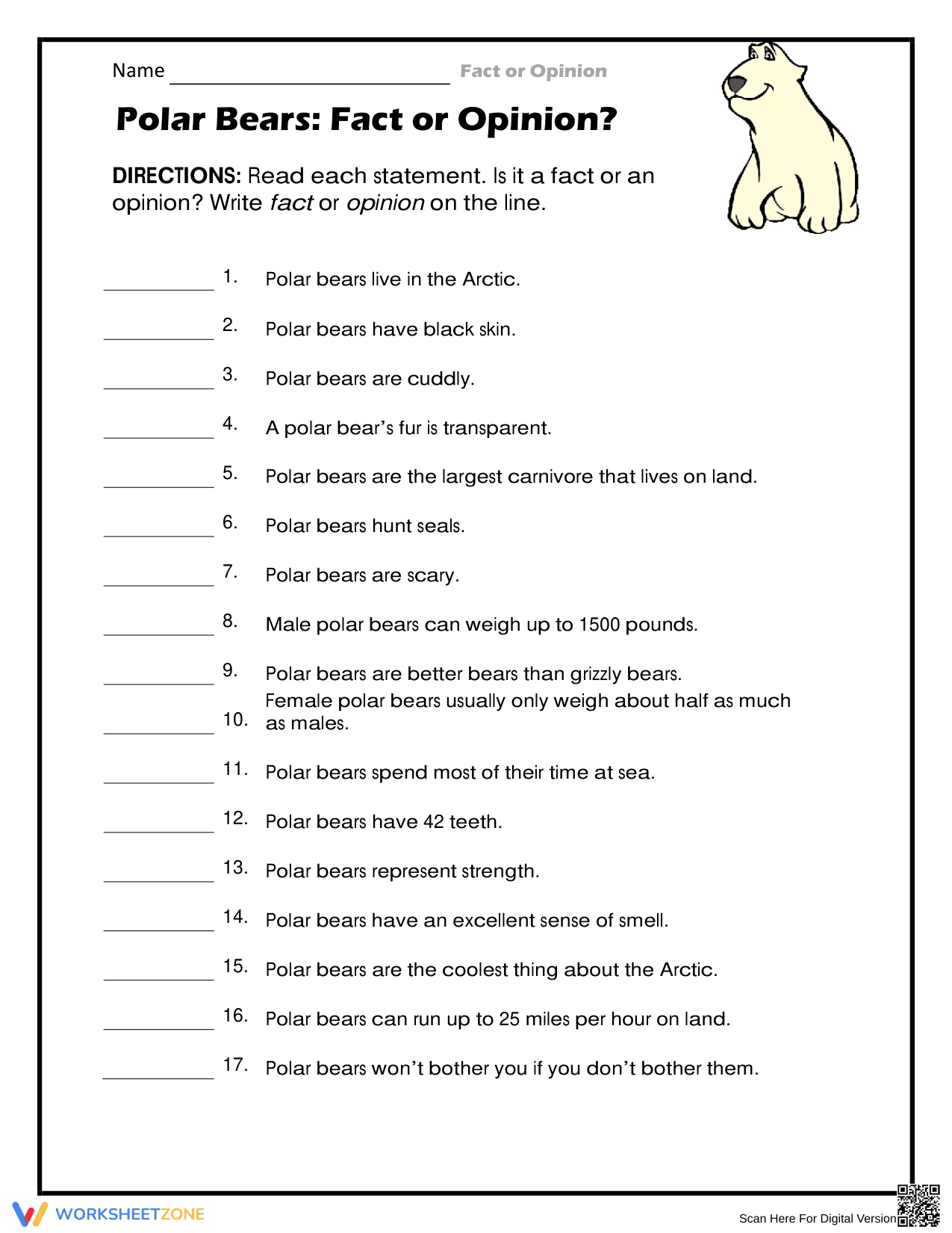 Grade 3 Polar Bears Fact or Opinion Worksheet | Printable - Page 1