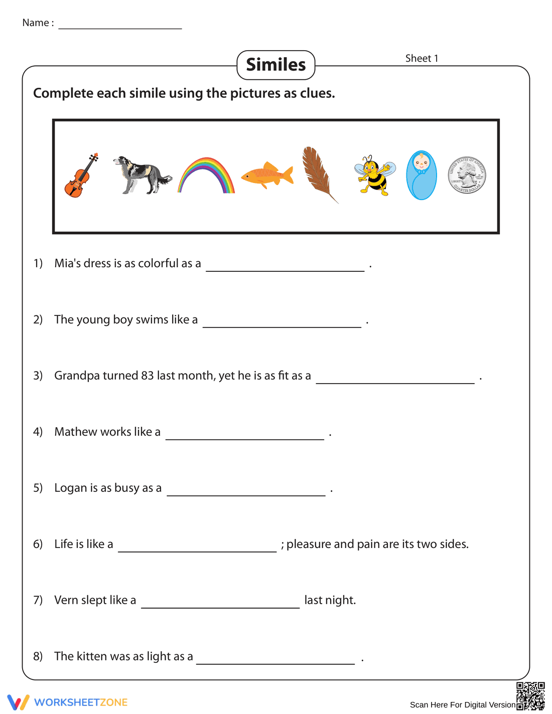 Similes with Picture Clues: Visual Learning Worksheet - Page 1